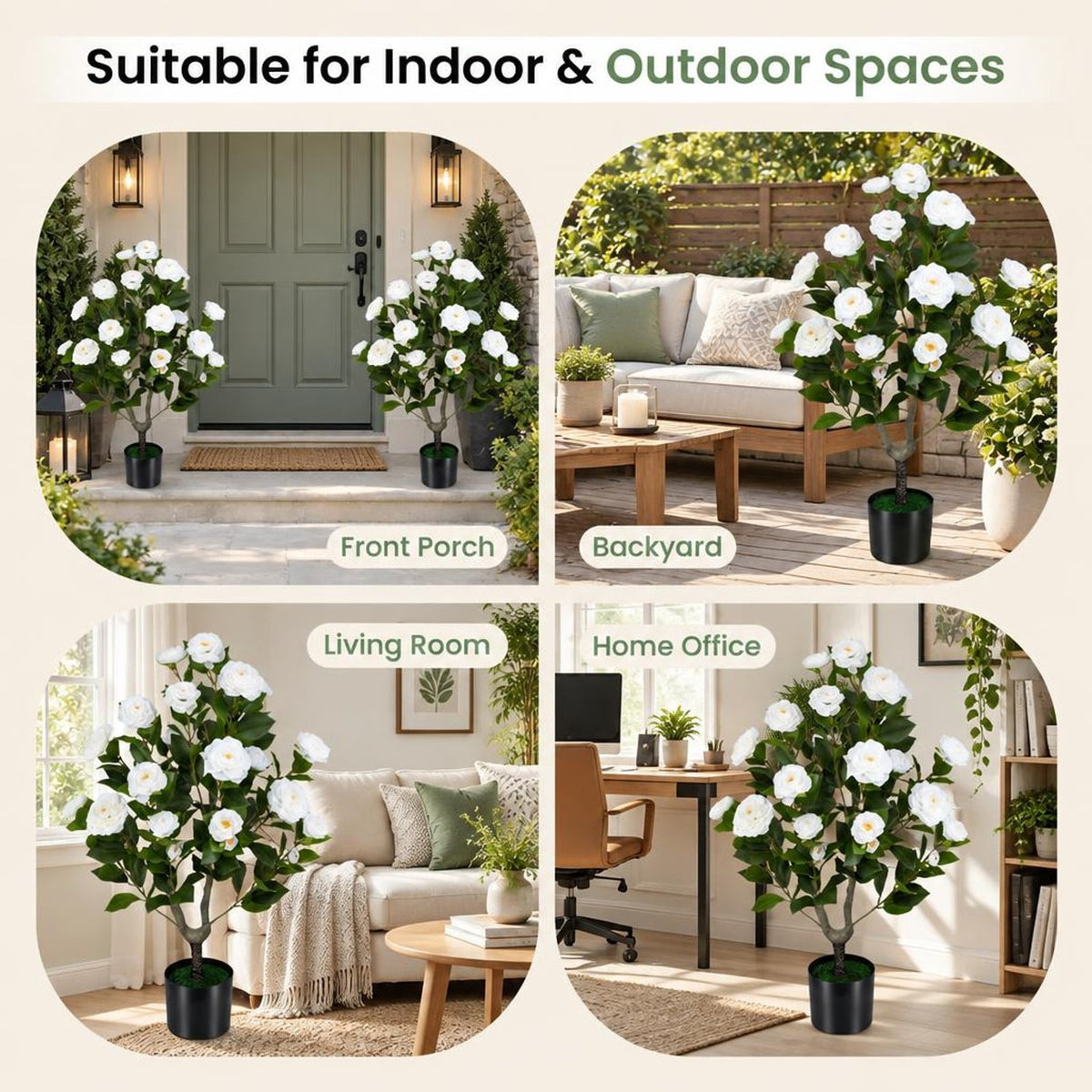 Airfind 2-Pack Artificial Camellia Tree Faux Flower Plant in Cement-Filled Pot, White, offers excellent stability and balance