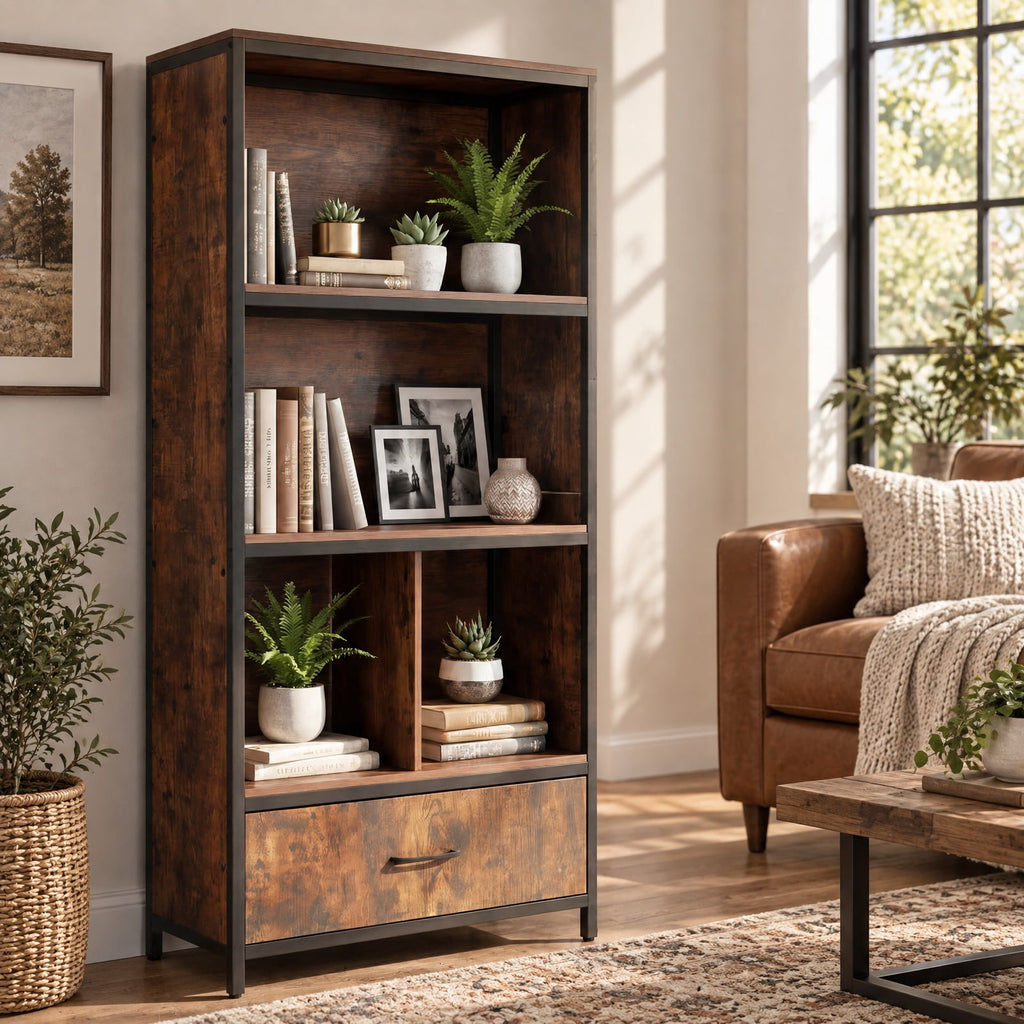 Airfind 56in Tall Freestanding Bookcase with Drawer 5 Tier, 44 lbs Capacity, Engineered Wood Metal Frame, 27in x 12in x 56in Footprint