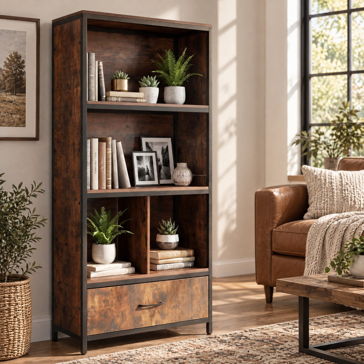 Airfind 56in Tall Freestanding Bookcase with Drawer 5 Tier, 44 lbs Capacity, Engineered Wood Metal Frame, 27in x 12in x 56in Footprint