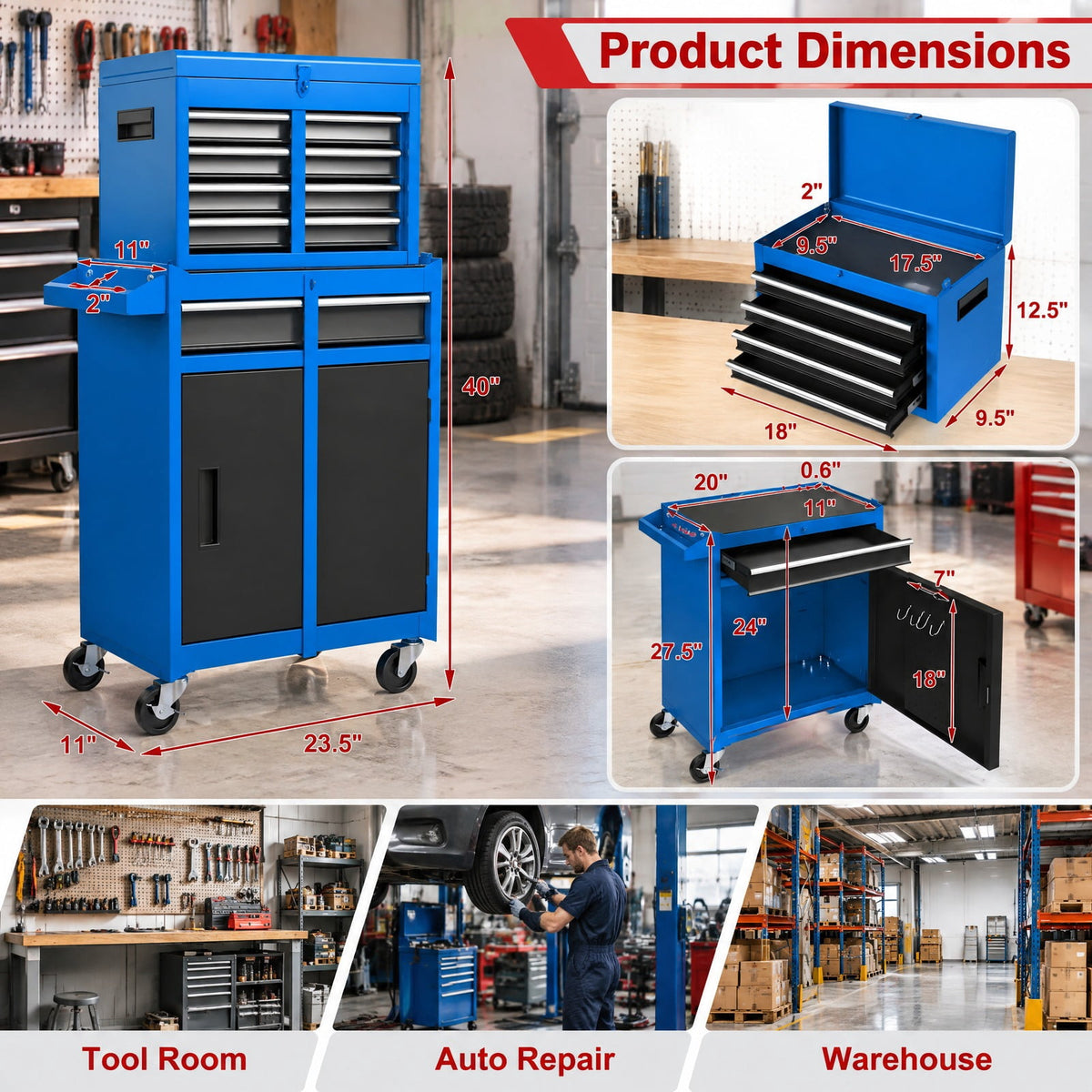 Airfind 2-in-1 Rolling Tool Chest with 5 Sliding Lockable Drawers, 220.5 lbs Capacity, Steel rubber-plastic synthetic Frame, Navy