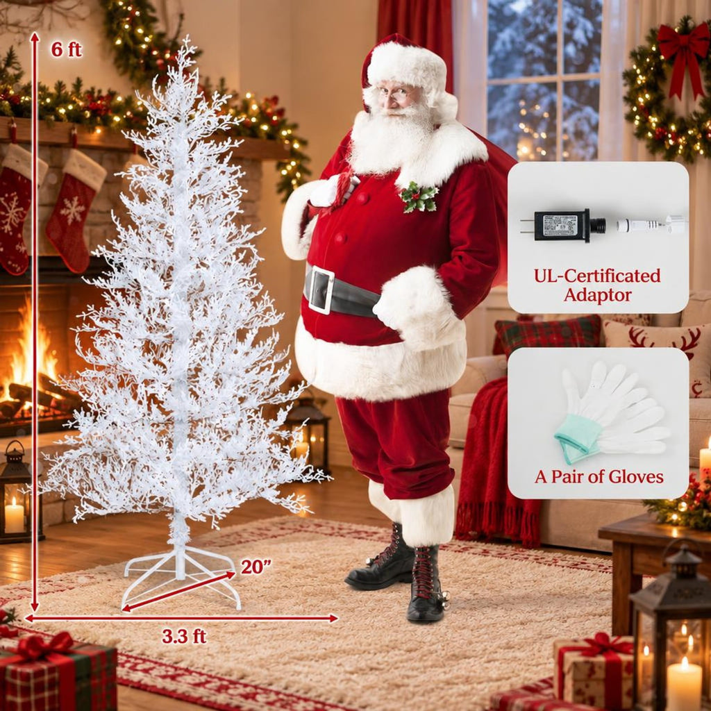 Airfind 6 Feet Artificial Xmas Tree with 383 PE Branch Tips and 300 LED Lights, PE flocking metal Tree height 6 ft Tree width 3.3 ft Frame, White
