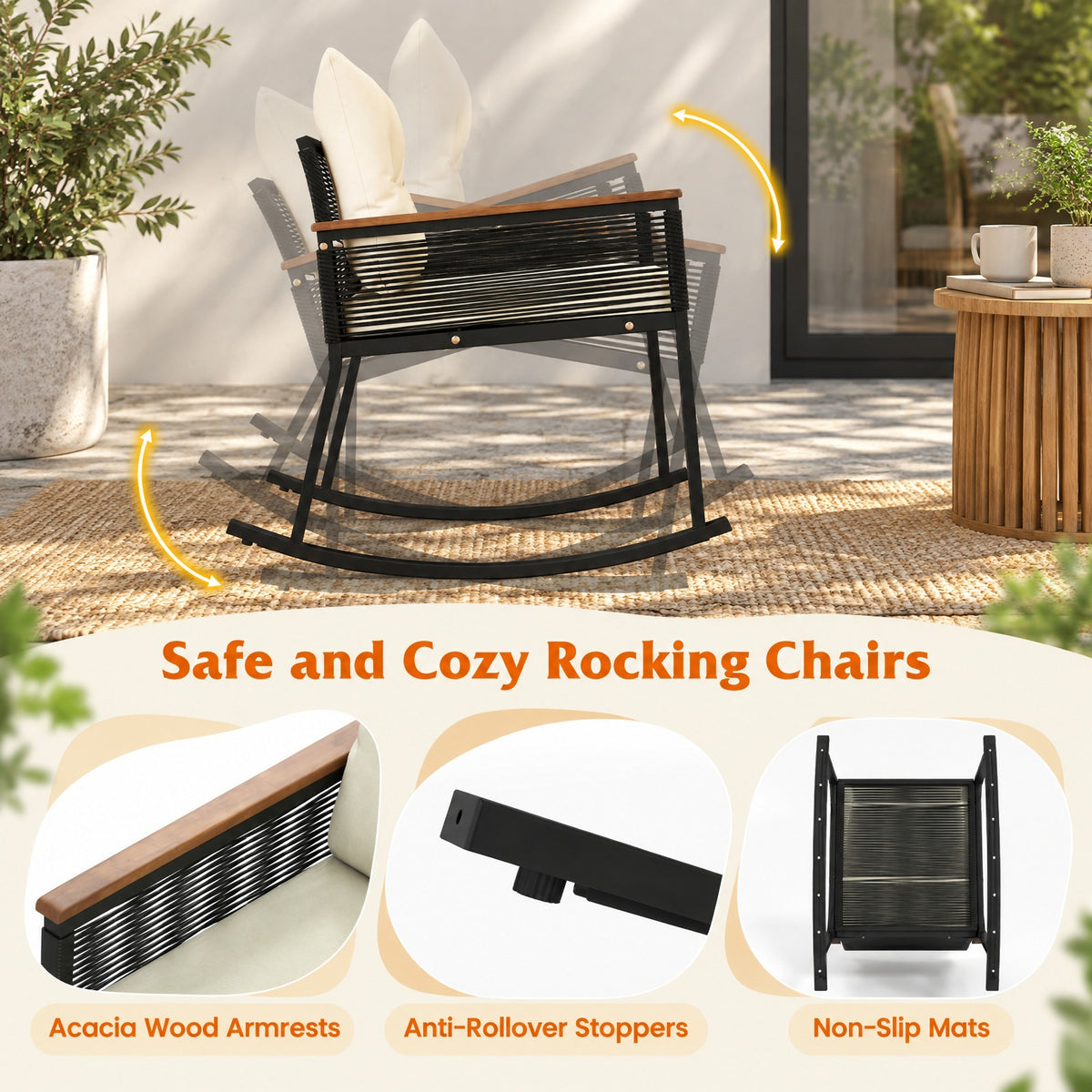 Airfind 3 Piece Outdoor PE Rattan Rocking Bistro Set with 2-Tier Coffee Table, Chair 400 lbs Capacity, 34.5 × 24.5 × 30.5 Footprint, White