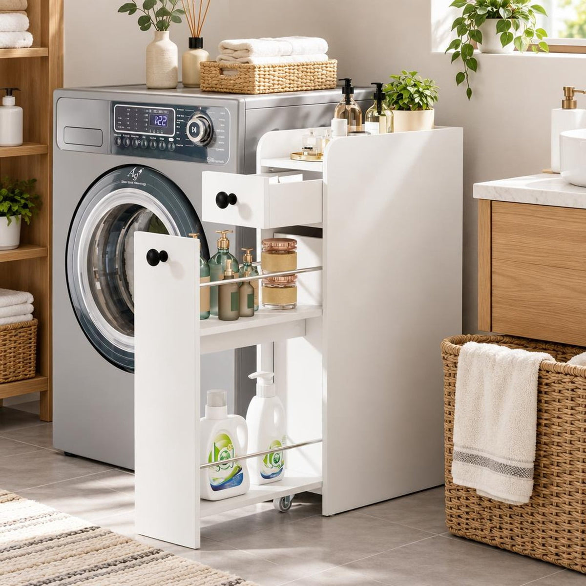 Airfind Small Bathroom Storage Cabinet 4-Tier with Slide Out Drawers on Casters, 66 lbs Capacity, MDF Frame, 16 Inch x 7 Inch x 27.5 Inch Drawer Footprint