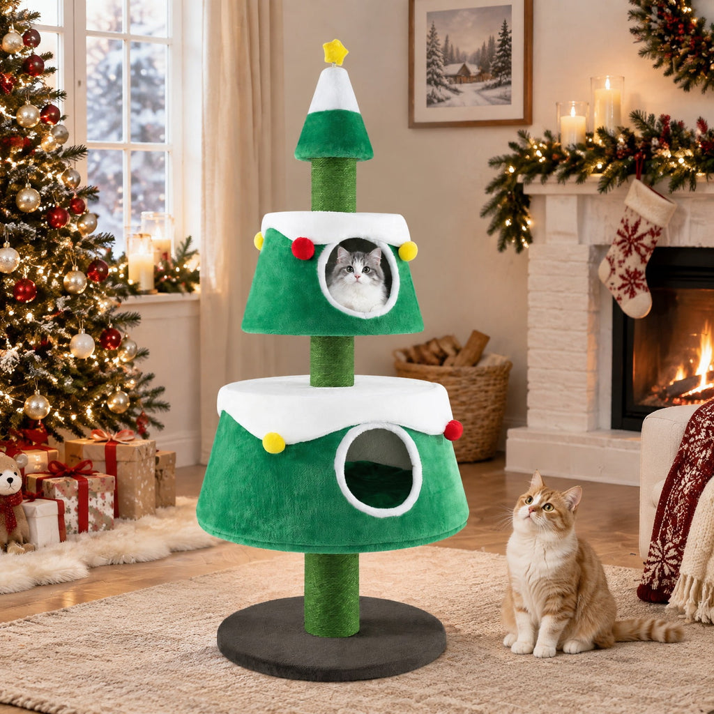 Airfind Christmas Cat Tree for Indoor Cats Cute Holiday Cat Tower with 2 Condos, 33 lbs Capacity, Green