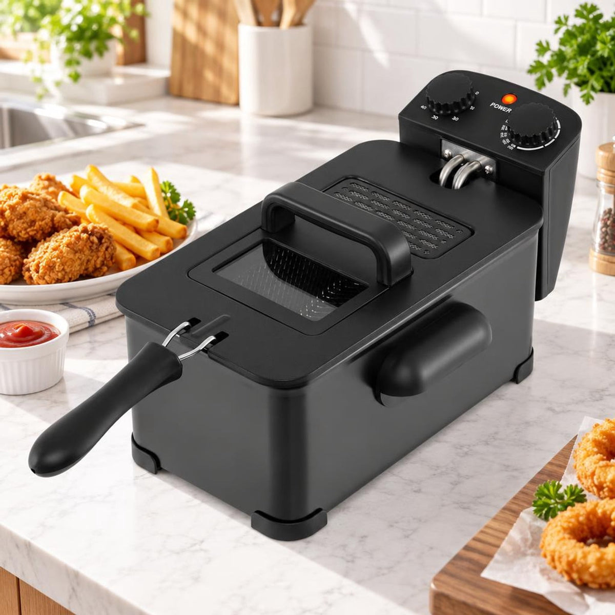 Airfind 3.2 Quart Electric Stainless Steel Deep Fryer featuring Timer, Stainless Steel Iron Frame, 21.5 Inch x 9.5 Inch x 8.5 Inch Footprint, Black