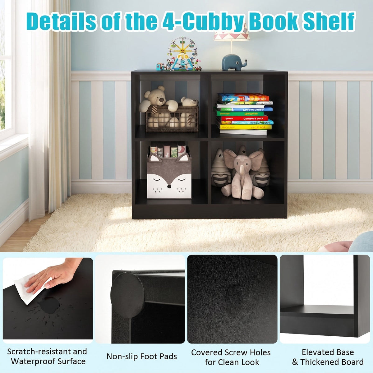 Airfind 4-Cube Kids Bookcase with Open Shelves, 60 lbs Capacity, Engineered wood Frame, 29 Inch x 13 Inch x 29 Inch Footprint, Black