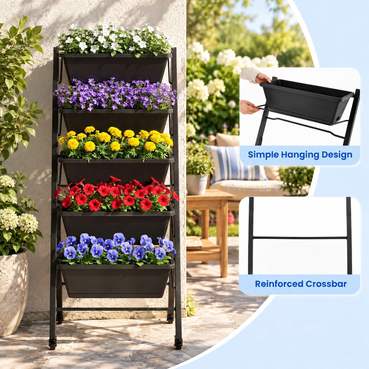 Airfind 5, 22 lbs Capacity, PP Metal Frame, 23 x 27 x 46 Footprint, Black, 5 planter boxes for modular growing