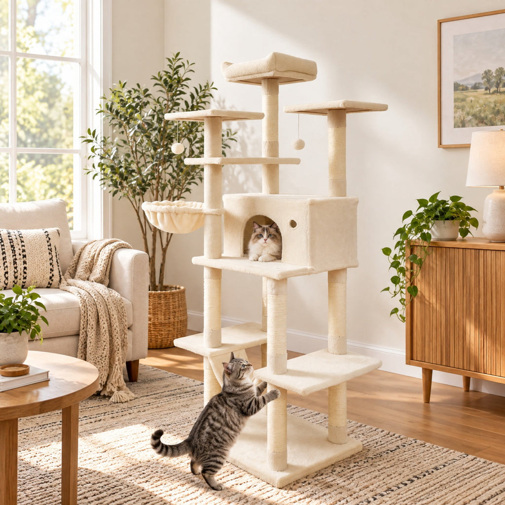 Airfind Large Cat Tree for Indoor Cats 63 Inch Tall Cat Tower, Plush Fabric Sisal Engineered Wood Base Frame, Beige