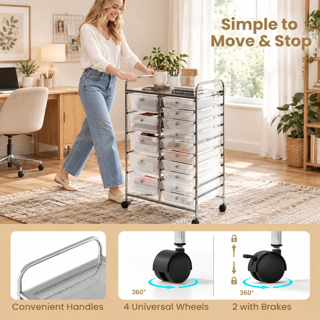 Airfind Rolling Storage Cart 15-Drawer Trolley with Chrome Plated Metal Frame, 22 lbs Capacity, Metal PP Frame, 24.5 × 15 × 38 Footprint