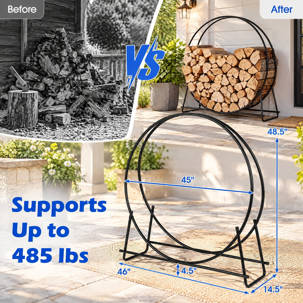 Airfind 45 Round Firewood Rack with Heavy, 485 lbs Capacity, Metal Frame, 46 x 14.5 x 48.5 Footprint, Black