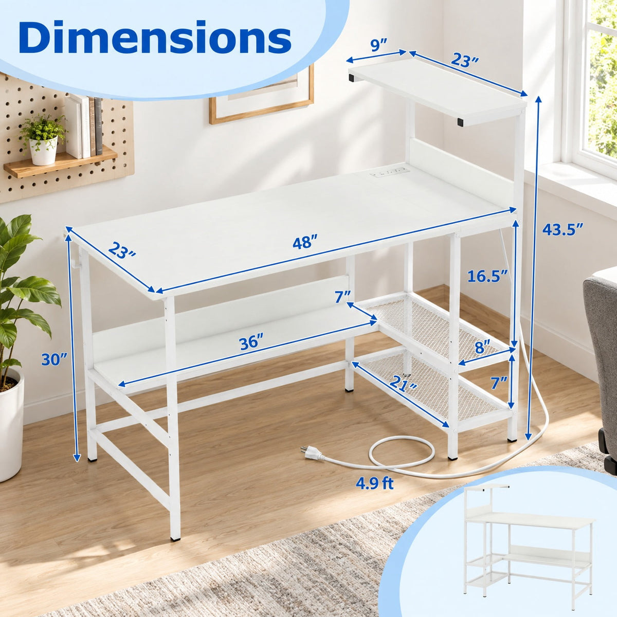 Airfind 48 Inch Computer Desk with Power Outlets and Storage Shelves, 88 lbs Capacity, Engineered Wood Metal Frame, 48 Inch x 23 Inch x 43.5 Inch Footprint
