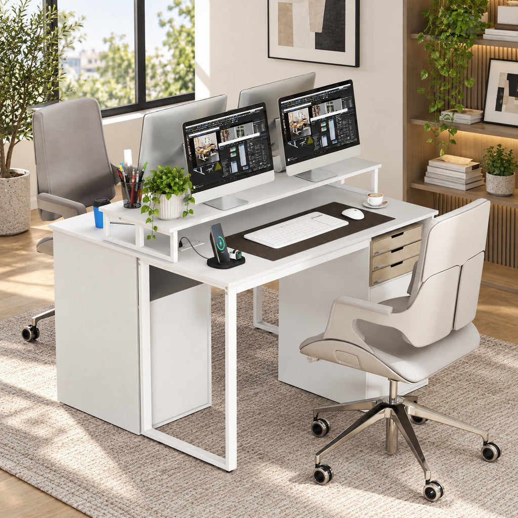 Airfind Modern Computer Desk with Power Outlets and File Drawer, 135 lbs Capacity, Engineered Wood Metal Frame, 48 Inch x 20 Inch x 35 Inch Footprint, White