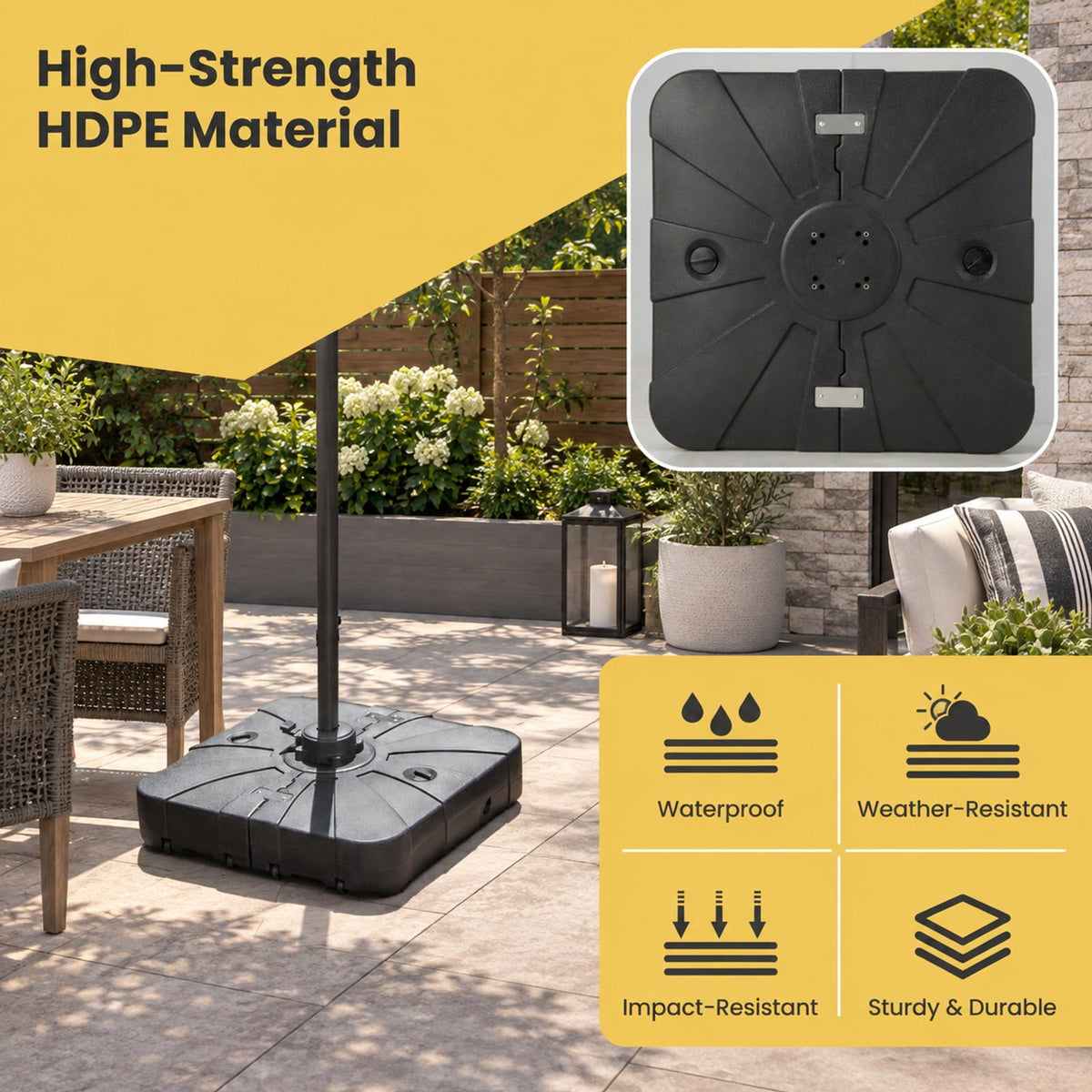 Airfind 260 lbs Offset Patio Umbrella Base with Wheels Sand Water Filled, HDPE Frame, Black, Overall Dimensions 33.5 x 33.5 x 8 (L