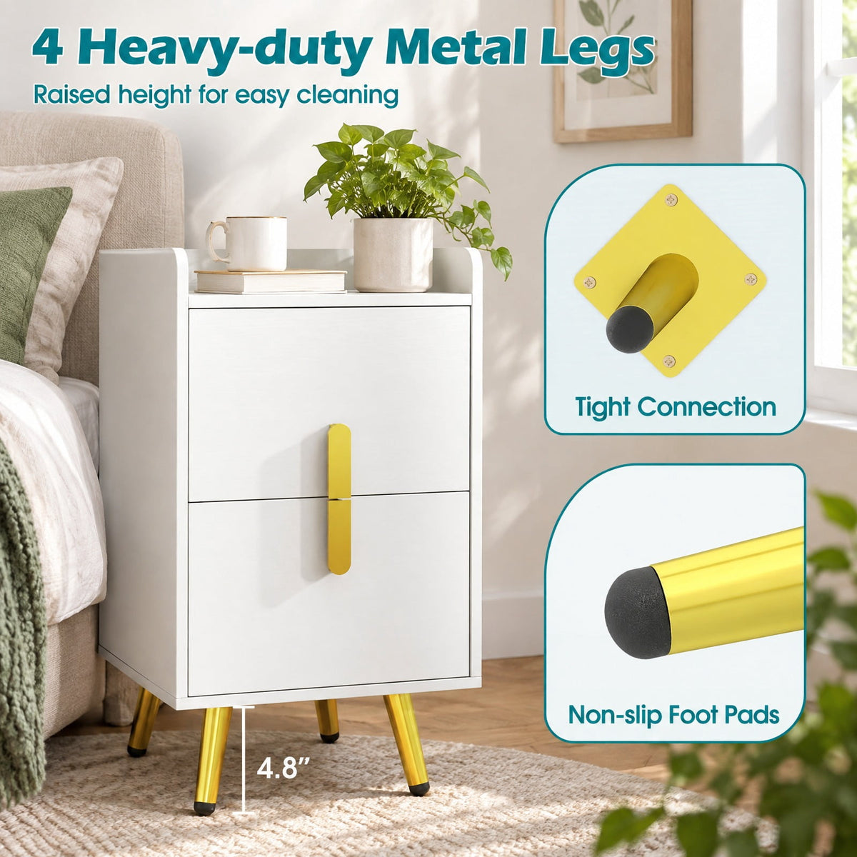Airfind Nightstand Side Tables with 2 Drawers and Charging Station with 3 AC Outlets and 2 USB Ports, Engineered Wood MDF Metal Frame, 16 Inch x 12.5 Inch 23.5 Inch Drawer Internal Footprint, White