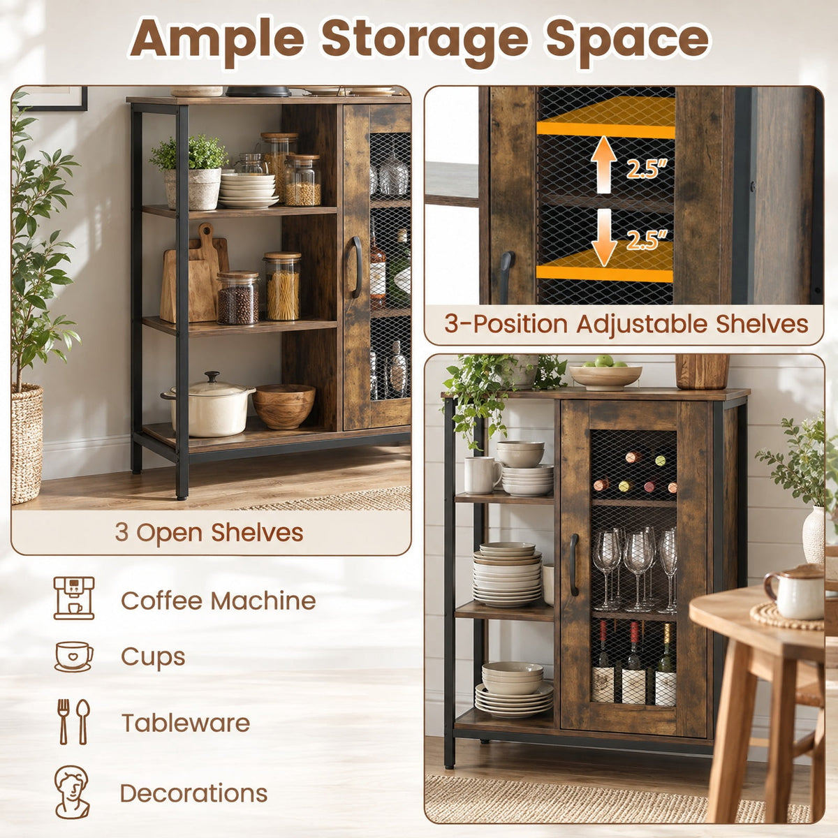 AIRFIND Storage Cabinet with Mesh Door, 3 Open Shelves and 2 Adjustable Interior Shelves, 27.5 in Industrial Buffet Sideboard, Rustic Brown