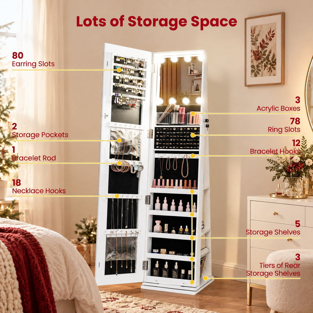 Airfind 360° Swivel Freestanding Jewelry Cabinet with Lighted Full Length Mirror, MDF Frame, White, Open storage shelves for easy reach