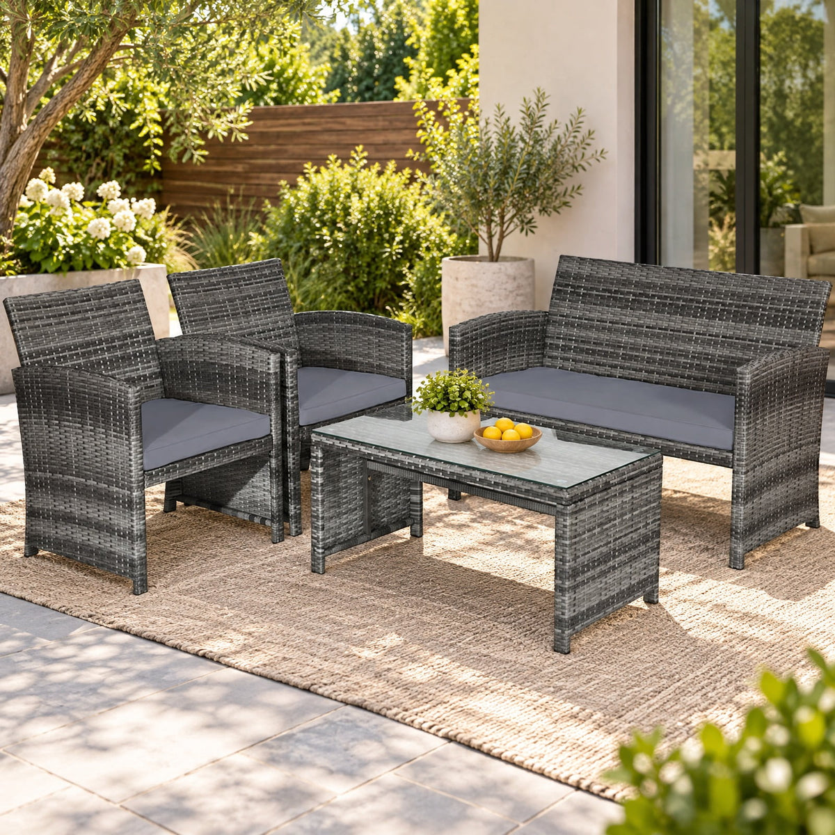 Airfind 4 Pieces Patio Rattan Furniture Set with Glass Table and Loveseat, PE Rattan Polyester Fiber Steel Sponge Single Sofa Frame, Gray