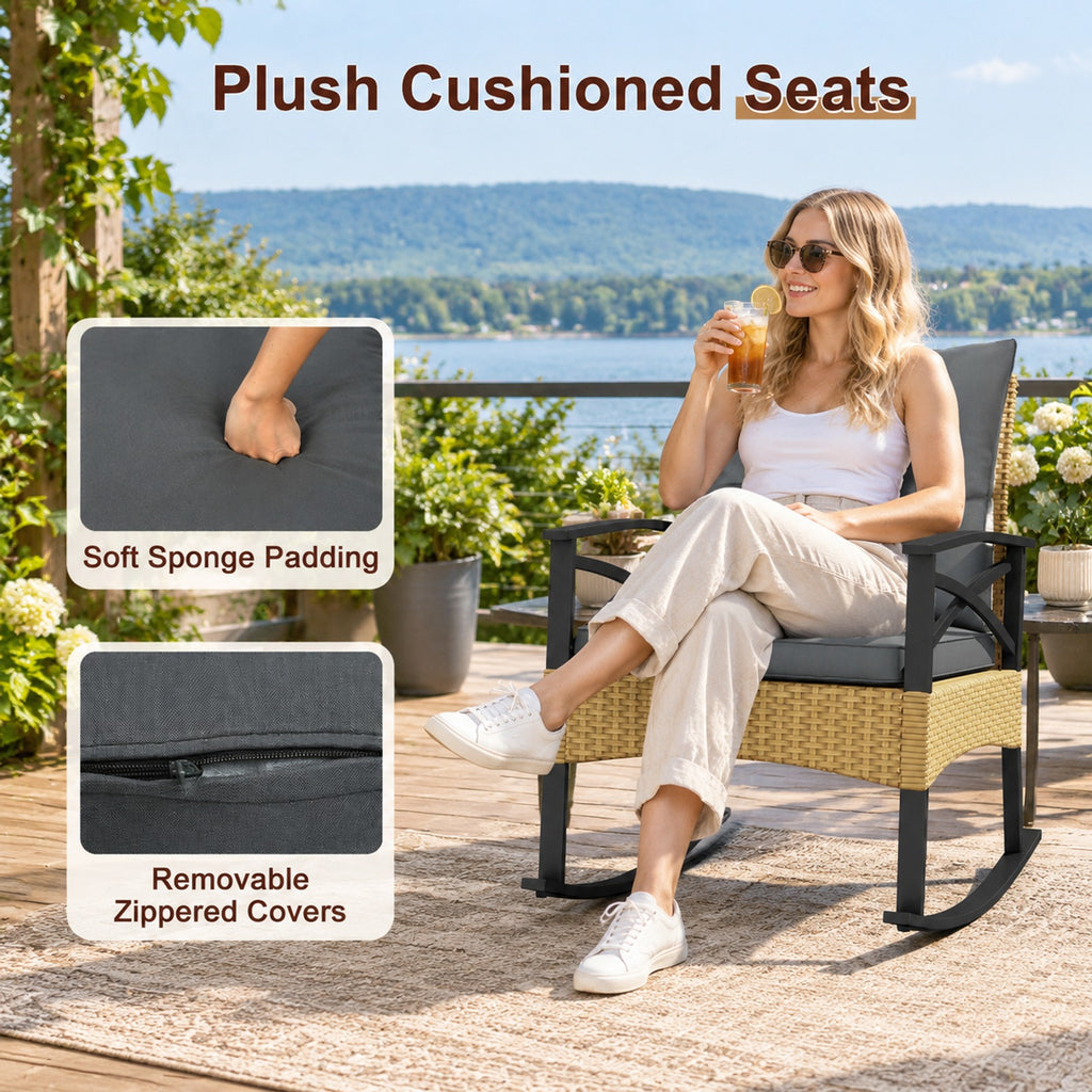 Airfind 3 Pieces Outdoor Rattan Rocking Chairs Set with 2-Tier Side Table for Garden Backyard, Table 100 lbs Capacity, 18 x 18 x 18.5 Footprint