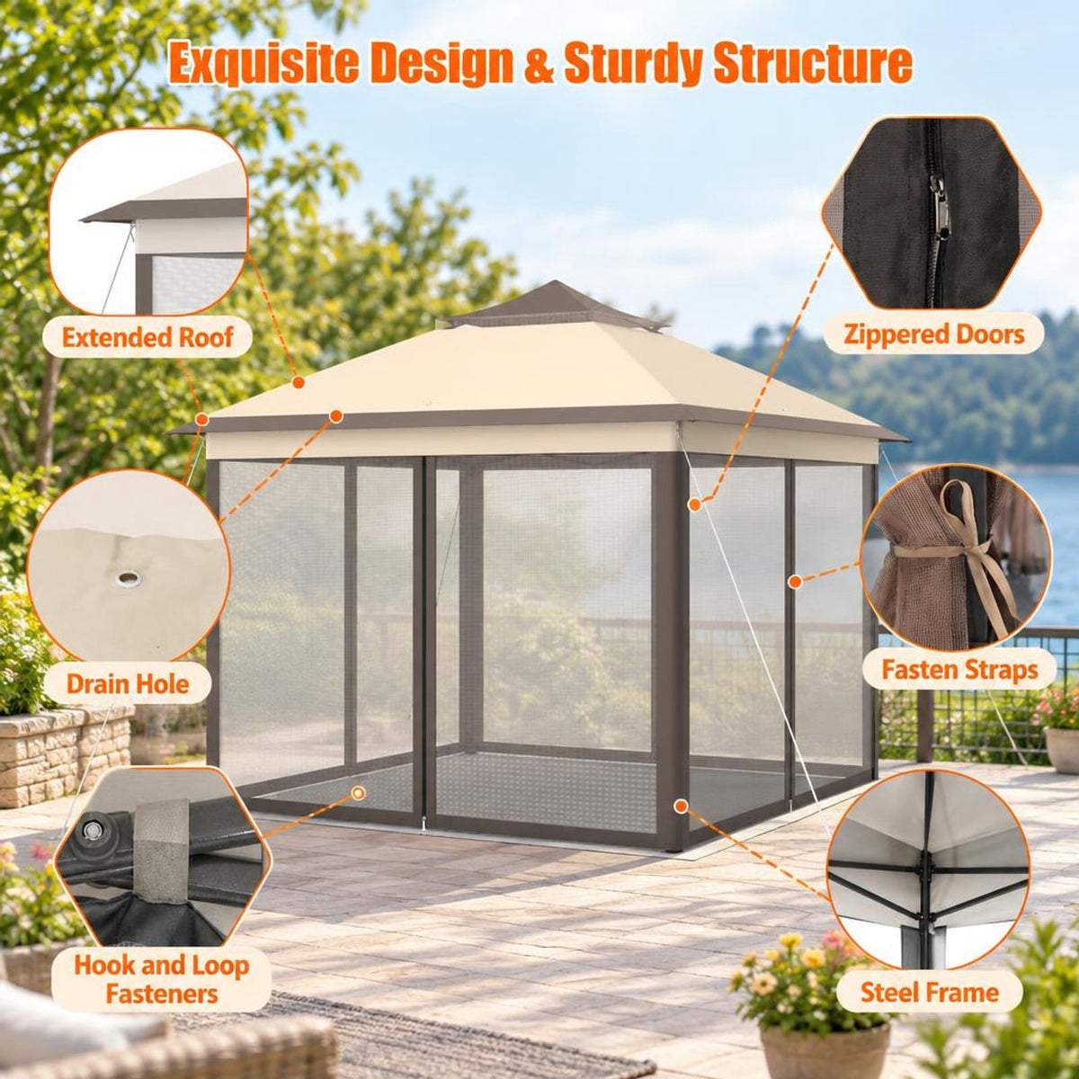 Airfind 2-Tier Pop-Up Gazebo Tent Portable Canopy Shelter Carry Bag Mesh, Polyester fabric steel pipe Frame, Brown