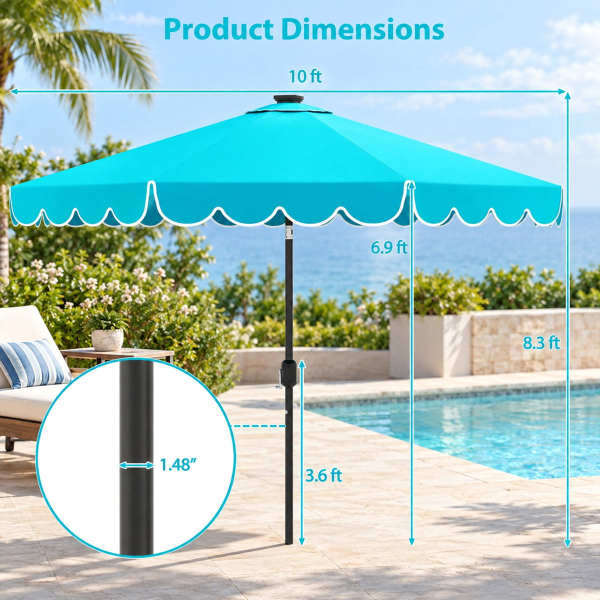 Airfind 10 Feet Solar Patio Umbrella with 24 LED Lights, Polyester Fabric Metal Frame, 10 x 8.3 ft Umbrella Rim Height 6.9 ft Footprint, Turquoise