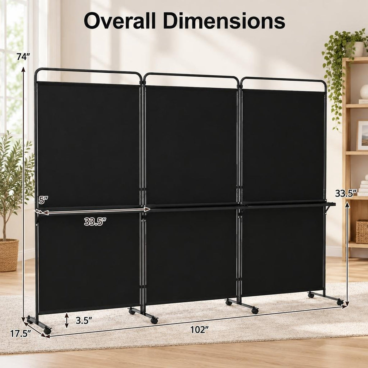 Airfind 3-Panel Room Divider with Shelves 6 FT Tall Folding Privacy Screen with Lockable Wheels, Polyester Fabric Metal Frame, Black