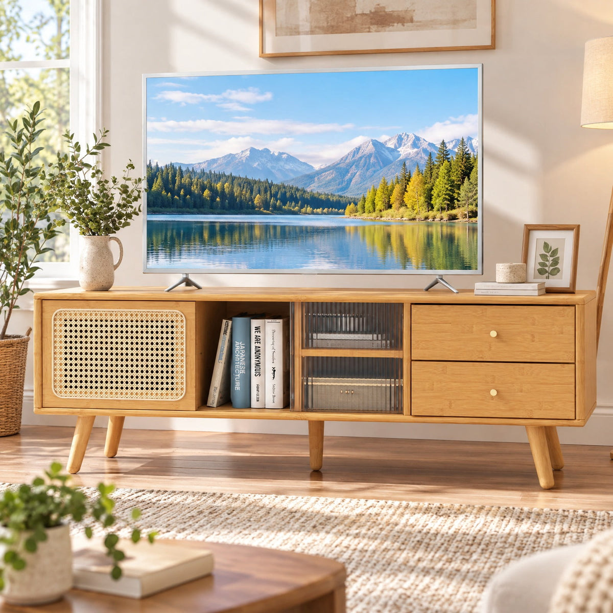 Airfind TV Stand, Bamboo, for TV up to 65 Inch, 155 lbs Capacity, Wood PE Rattan Glass Frame, 55 Inch x 12 Inch x 18 Inch Interior Footprint, Natural