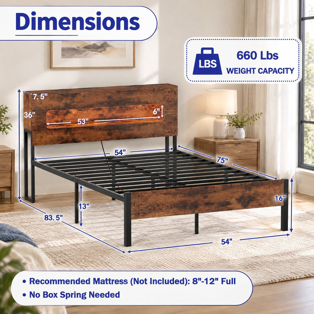 Airfind Slatted Full Bed Frame with LED Lights and Storage Headboard No Box Spring Needed, 660 lbs Capacity, Engineered Wood Metal Frame