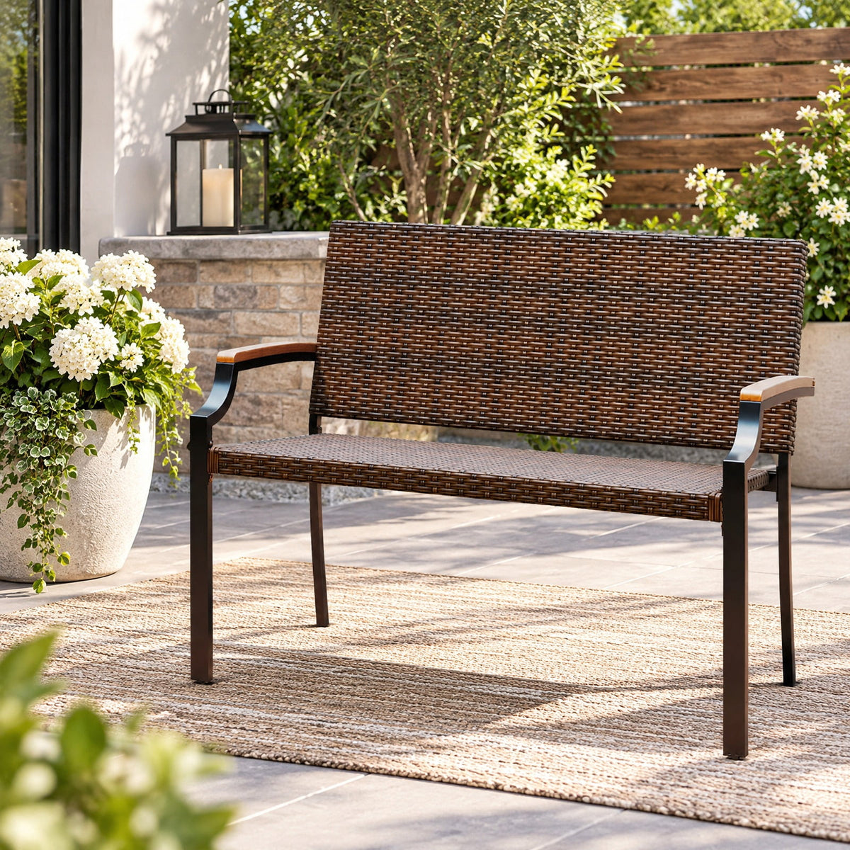 AIRFIND Patio Wicker Loveseat with Acacia Wood Armrests, Woven PE Rattan Seat, Metal Frame and Adjustable Front Feet, Mix Brown