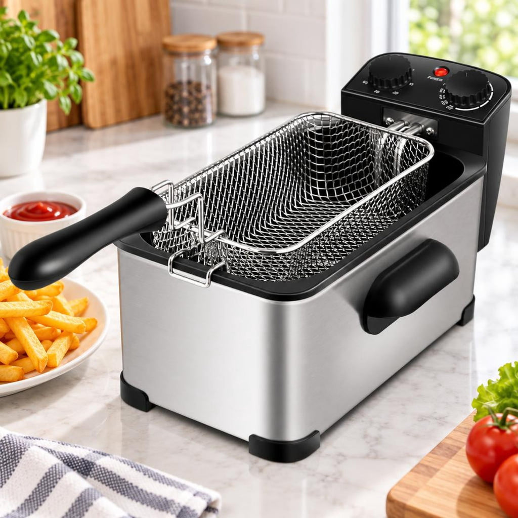 Airfind 3.2 Quart Electric Stainless Steel Deep Fryer featuring Timer, Stainless Steel Iron Frame, 21.5 Inch x 9.5 Inch x 8.5 Inch Footprint, Silver