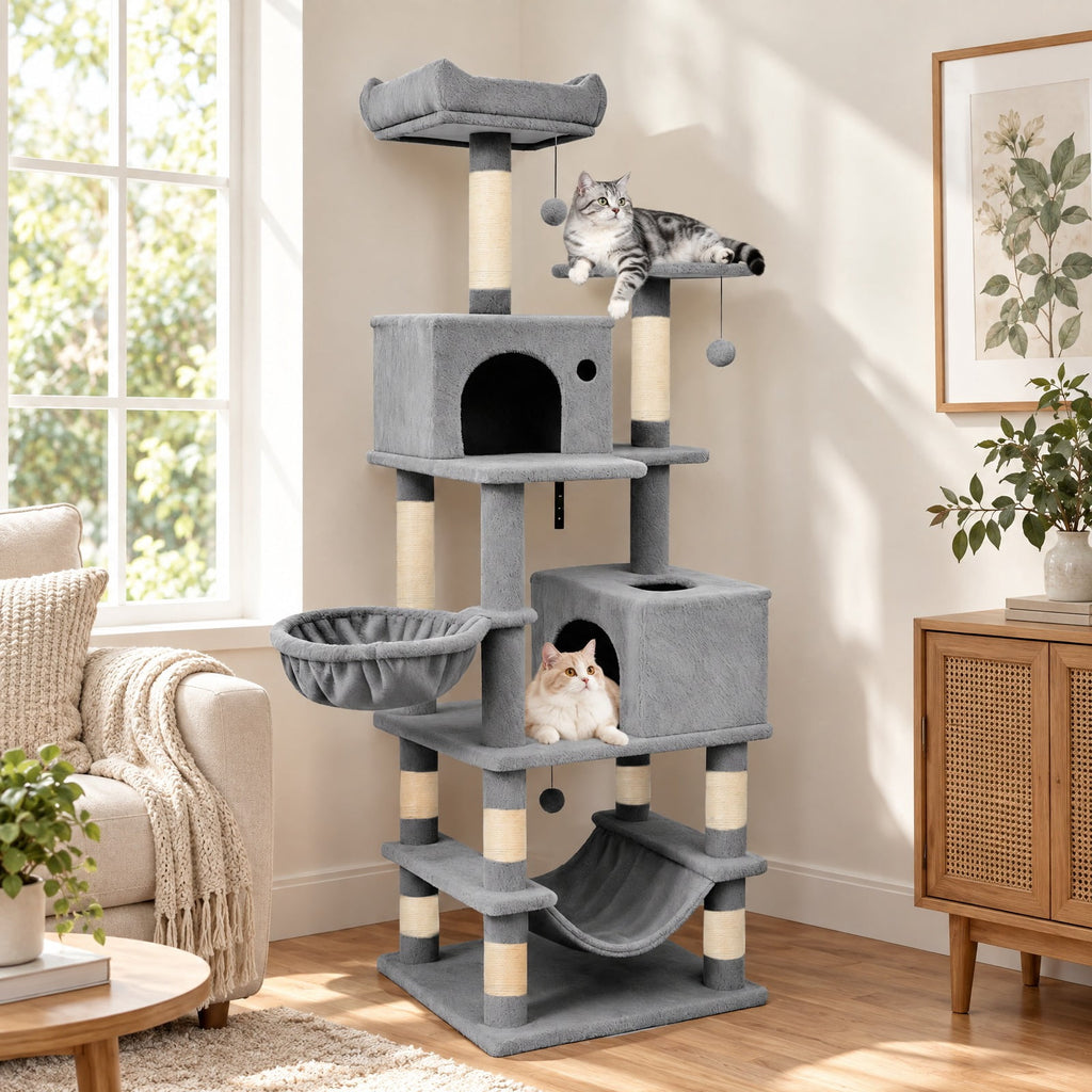 Airfind 66 Inch Tall Cat Tree Multi-Level Cat Tower with 2 Condos Sisal Scratching Posts, 33 lbs Capacity, Light Gray