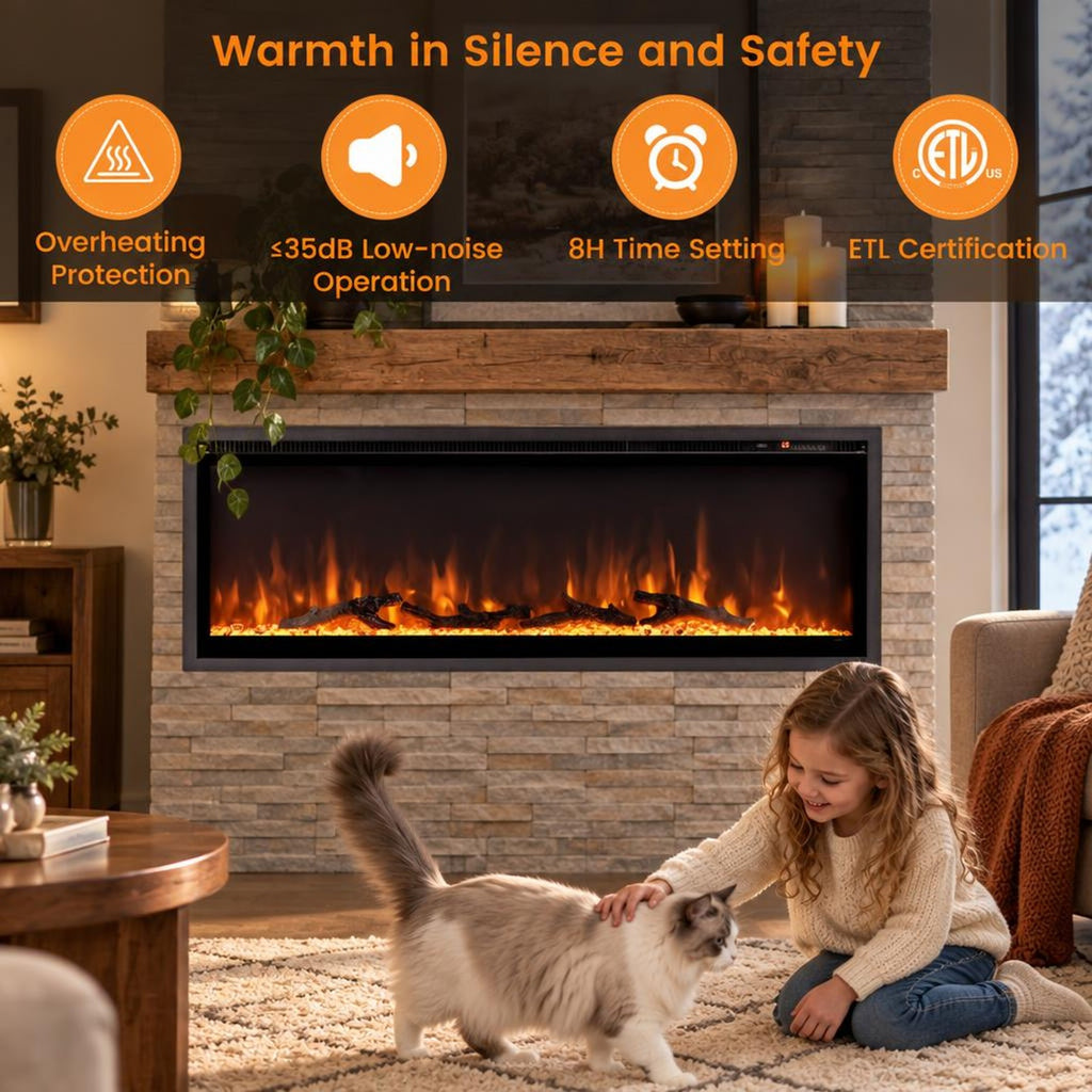 Airfind 50 Inches Electric Fireplace In-wall Recessed Featuring Remote Control and Adjustable Color and Brightness-50 Inches, Black