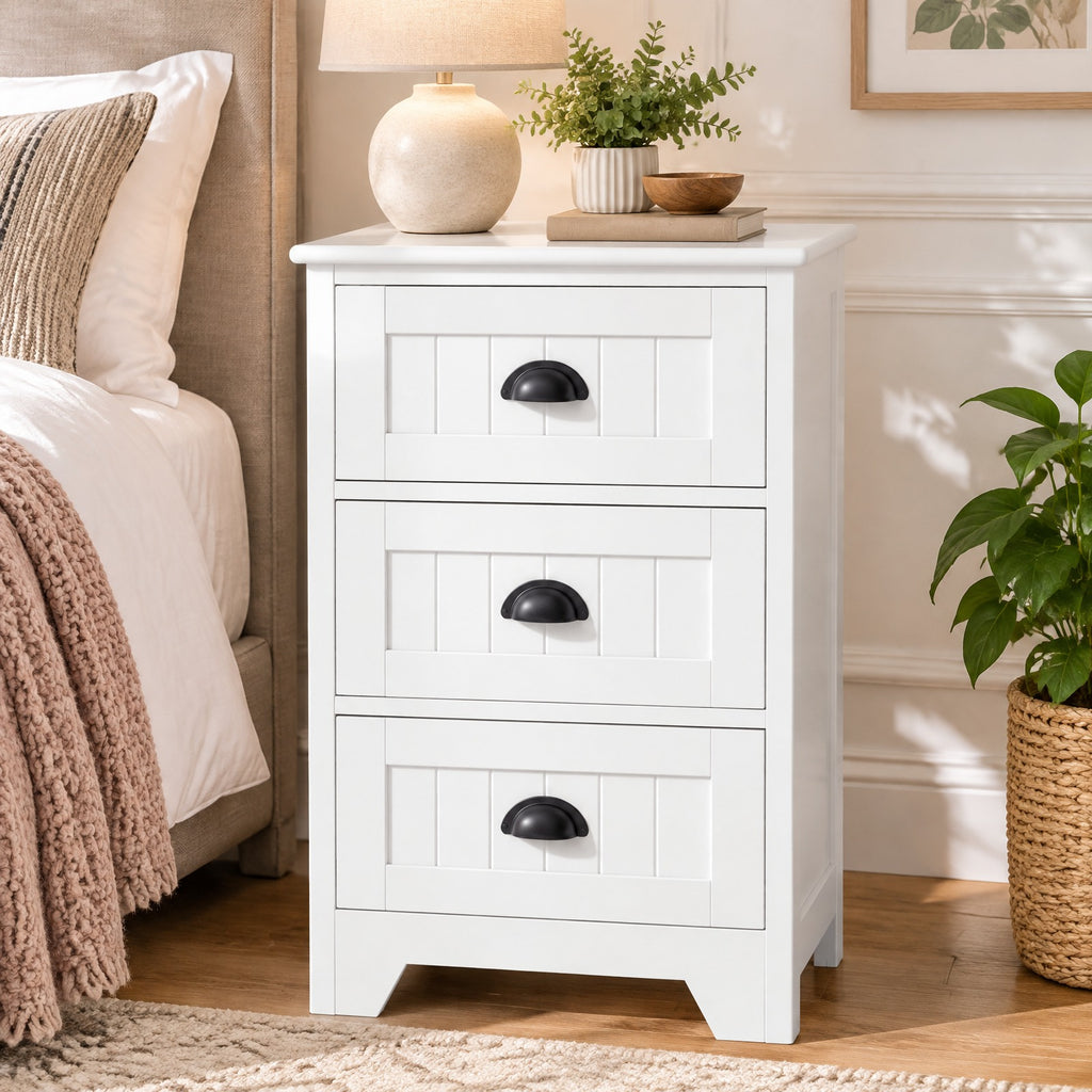 Airfind 3 Drawers End Storage Wood Side Nightstand, 88 lbs Capacity, P2 MDF Frame, 18 x 12 x 27 Footprint, White