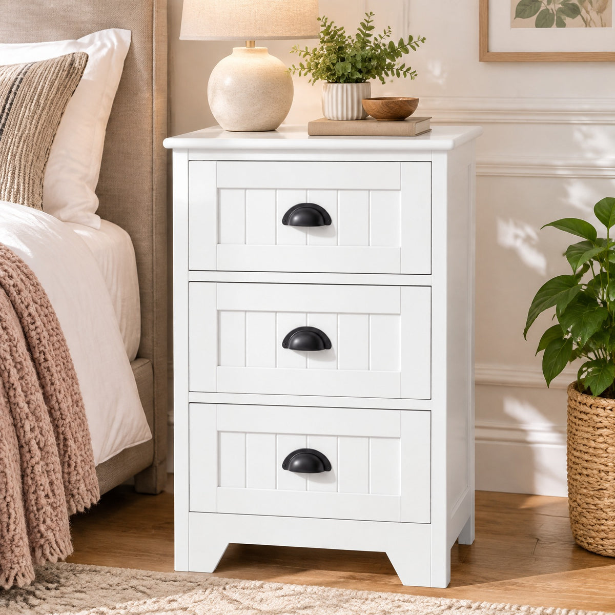 Airfind 3 Drawers End Storage Wood Side Nightstand, 88 lbs Capacity, P2 MDF Frame, 18 x 12 x 27 Footprint, White