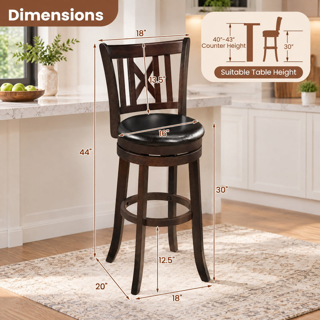 Airfind Set of 2 Bar Stools Swivel Bar Chairs with Hollowed Backrest and Footrest-30 inches, 275 lbs Capacity, 20 Inch x 18 Inch x 39.5 Inch Footprint