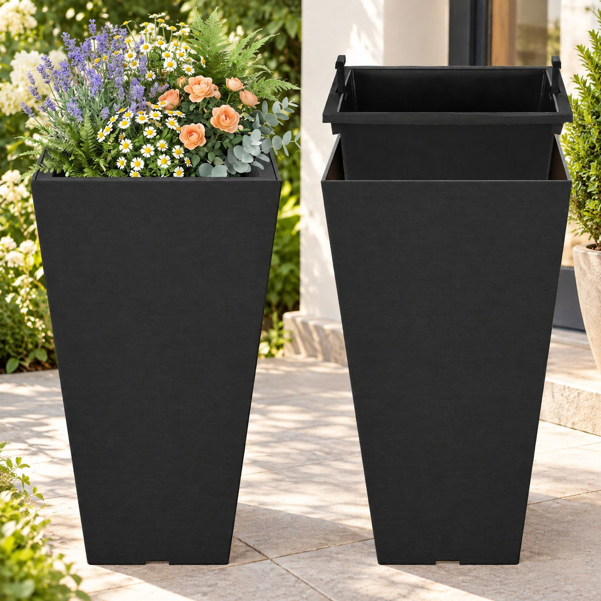 Airfind 22.5 inch Tall Square Planter Set of 2 Self-Watering Flower Pots with Removable Inner Bucket, PP Frame, 11.5 x 11.5 x 22.5 Footprint