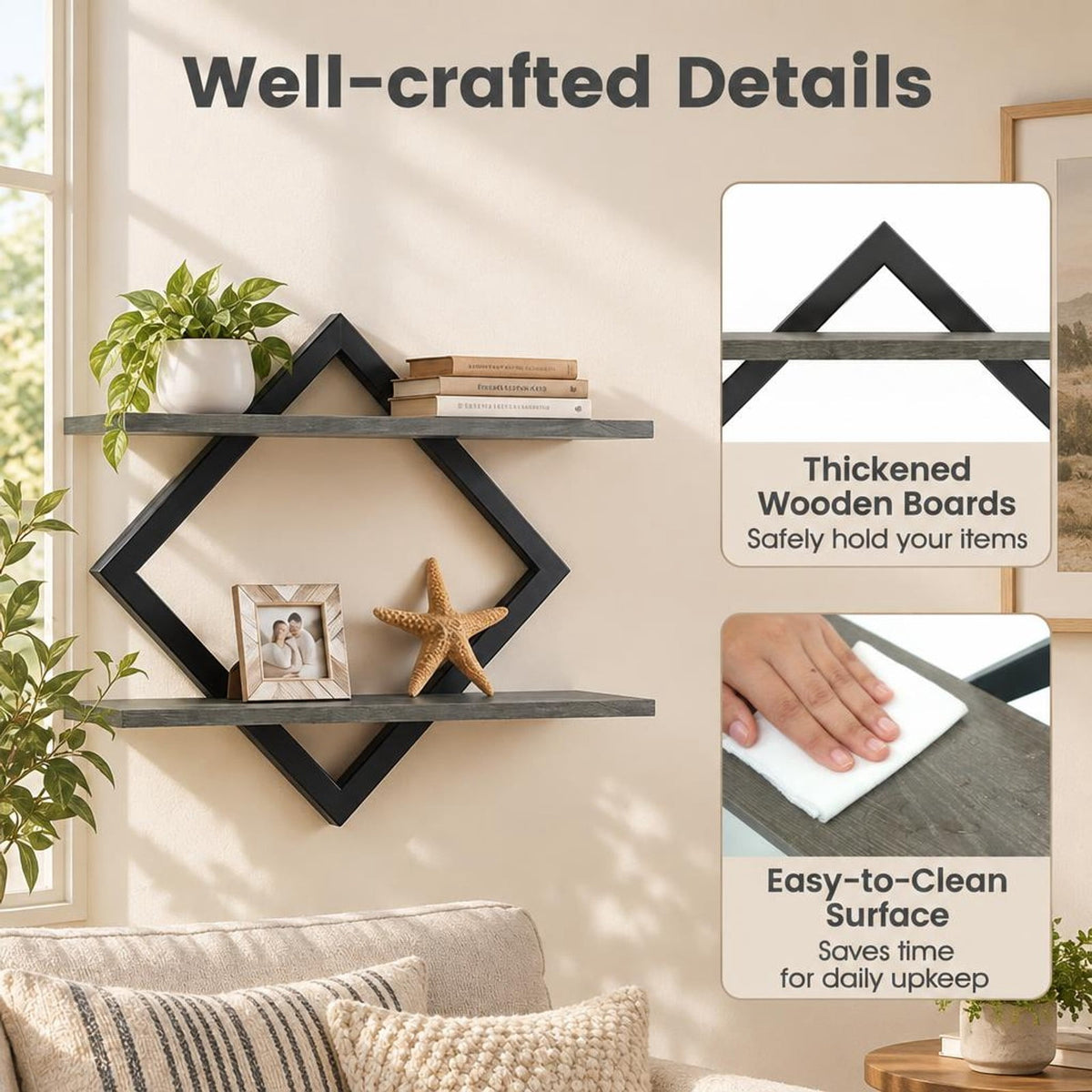 Airfind Set of 2 Metal Floating Shelves for Wall featuring Geometric Frame, Engineered Wood Metal Frame, 15 Inch x 6.5 Inch x 14 Inch Footprint, Gray