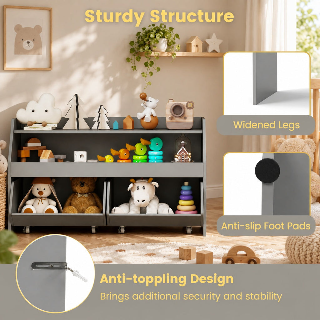 Airfind Youth Toy Storage Organizer Wooden Bookcase with 2 Movable Drawers, 176 Lbs Capacity, Engineered Wood, for 3 and Years Old Total, Gray