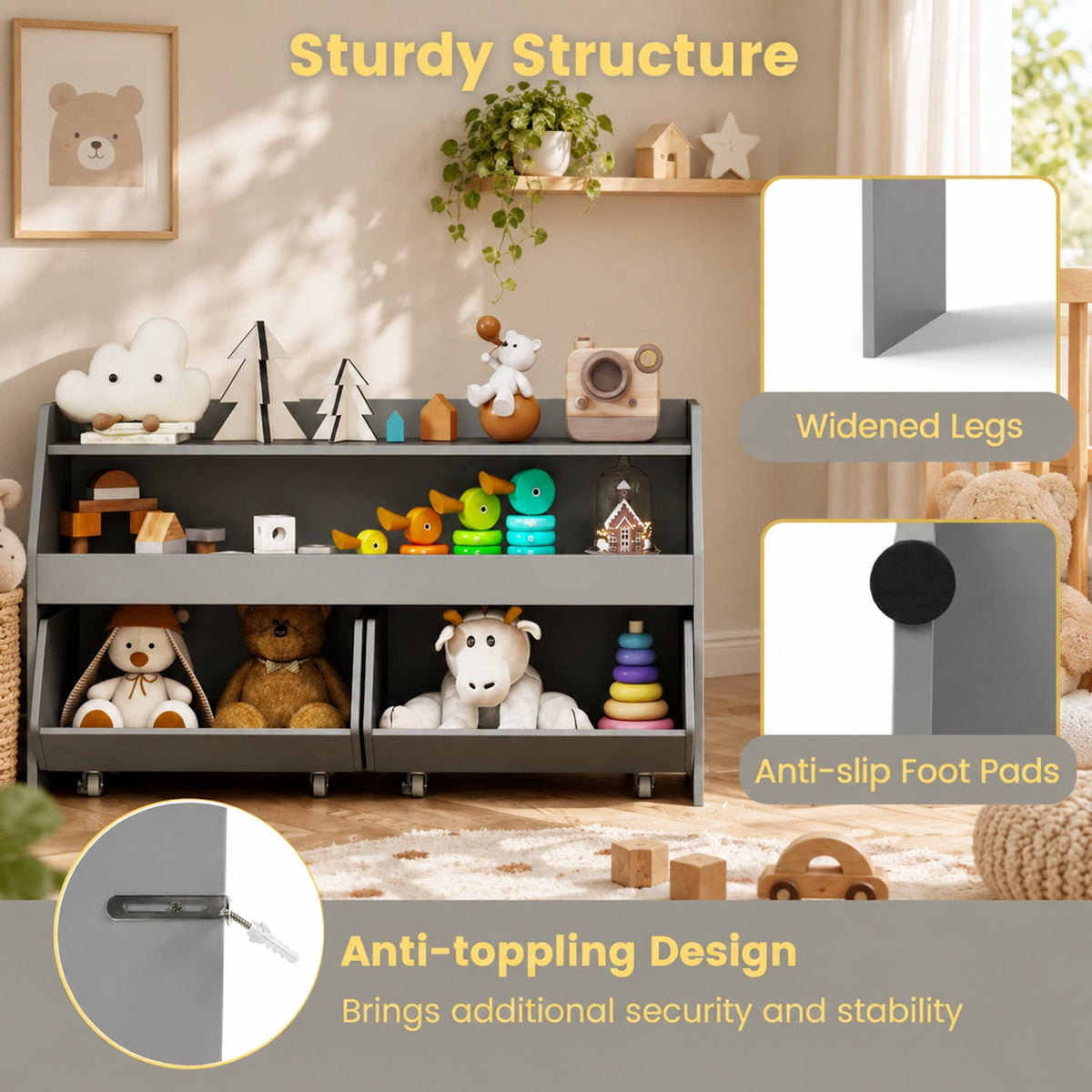 Airfind Youth Toy Storage Organizer Wooden Bookcase with 2 Movable Drawers, 176 Lbs Capacity, Engineered Wood, for 3 and Years Old Total, Gray