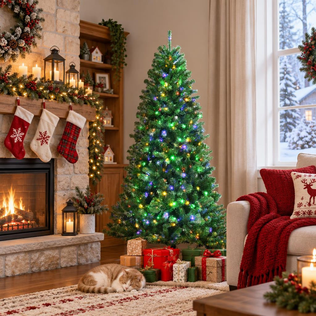 Airfind Artificial Hinged Christmas Tree with Remote-controlled Color-changing LED Lights-7ft, New PVC metal 6 Ft: Frame, 6ft x 3.1ft Footprint, Green