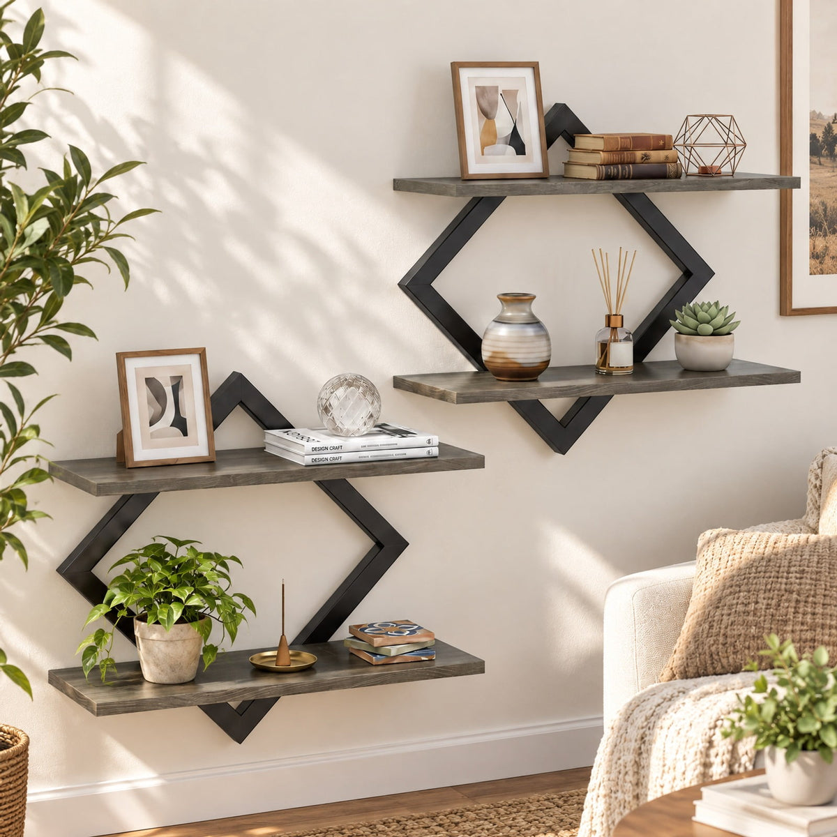 Airfind Set of 2 Metal Floating Shelves for Wall featuring Geometric Frame, Engineered Wood Metal Frame, 15 Inch x 6.5 Inch x 14 Inch Footprint, Brown
