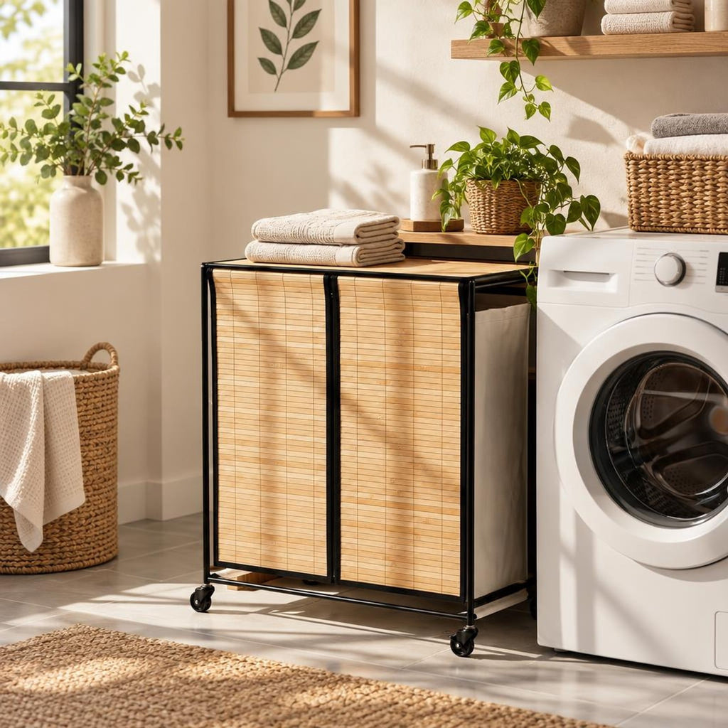 Airfind 18.5 Gal Laundry hamper with Lid 2-Section with 2 Lockable Wheels, 11 lbs Capacity, Bamboo Metal Oxford Cloth Frame, Natural