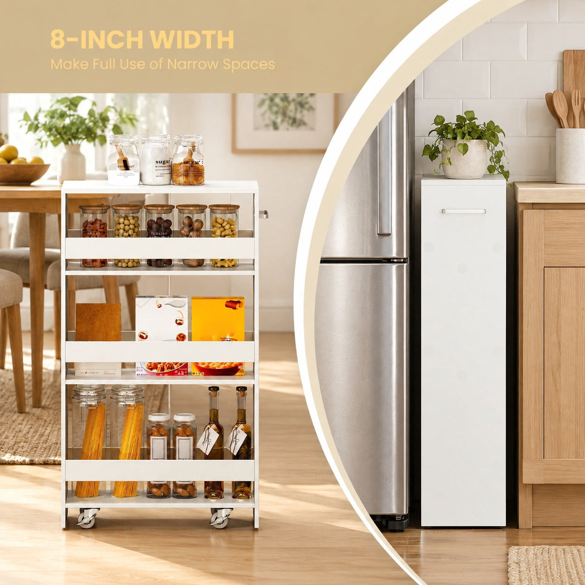 Airfind 4-Tier Rolling Storage Cart Slim Kitchen Cart on Wheels with Open Shelves and Handle, 15 lbs Capacity, Engineered Wood Metal Frame, White
