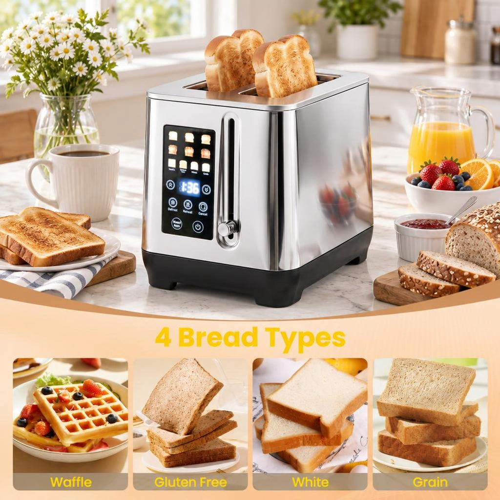 Airfind 2 Slice Toaster with 6 Browning Levels and 4 Bread Types, 430 Stainless Steel PP Frame, 10.5in×6.5in×7.5in Footprint, Silver