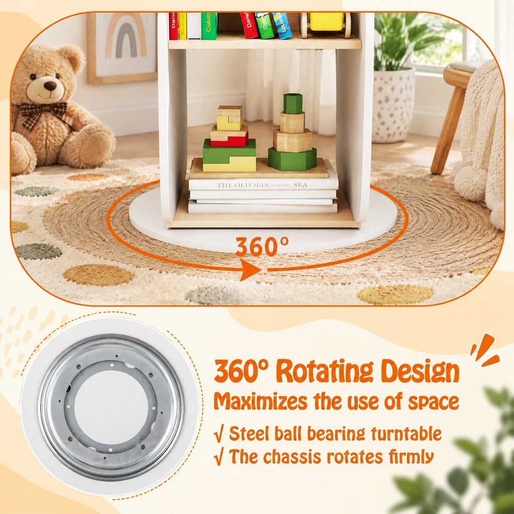 Airfind 360° Kids Rotating Bookshelf Toy Storage Organizer with 5 Shelves, Engineered Board Frame, White