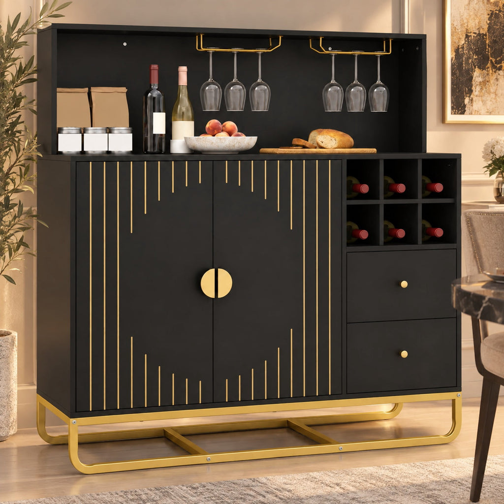 Airfind Home Bar Cabinet with Wine Rack Glass Holder and Adjustable Shelf, 47 Inch x 16 Inch x 48.5 Inch Inner Footprint, Black