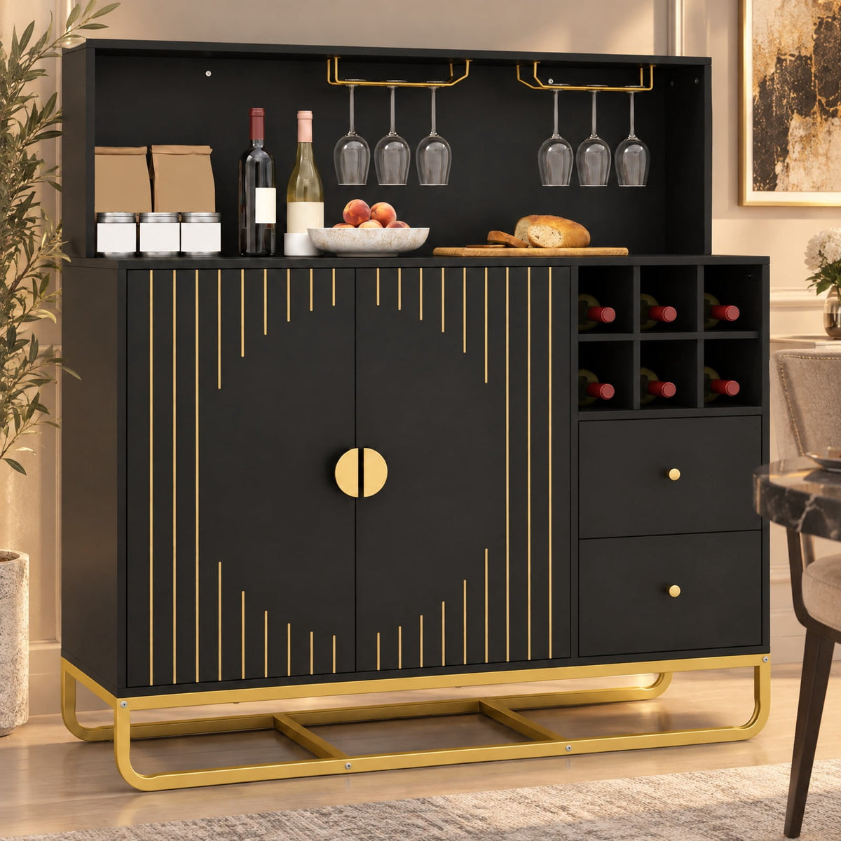 Airfind Home Bar Cabinet with Wine Rack Glass Holder and Adjustable Shelf, 47 Inch x 16 Inch x 48.5 Inch Inner Footprint, Black