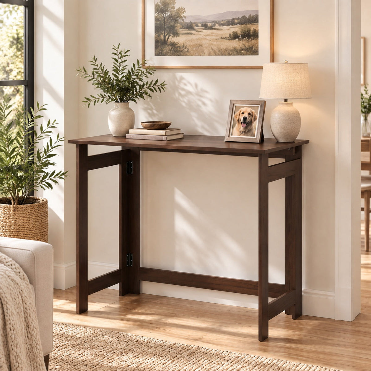 Airfind Folding Console Table with Foldable Legs, 55 lbs Capacity, Engineered Wood Frame, 31.5 Inch x 16 Inch x 29.5 Inch Footprint, Brown
