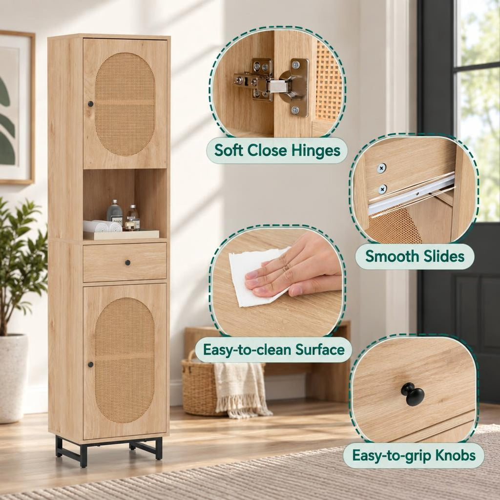 Airfind 67 Inch Tall Bathroom Cabinet PE Rattan Floor Cabinet with 2 Doors, 22 lbs Capacity, PE Rattan Engineered Wood Metal Frame, Natural