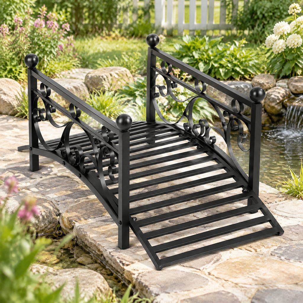 Airfind 3.3 ft Garden Metal Bridge with Dual Patterned Side Rails, 330 lbs Capacity, Metal Frame, 40 x 18 x 17 Footprint, Black