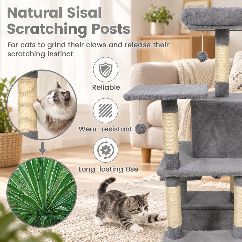 Airfind 58 Multi-Level Cat Tree Soft Plush Cat Tower with Padded Top Perch, PP Cotton Fabric Sisal Engineered Wood Overall Height 58 Base Frame
